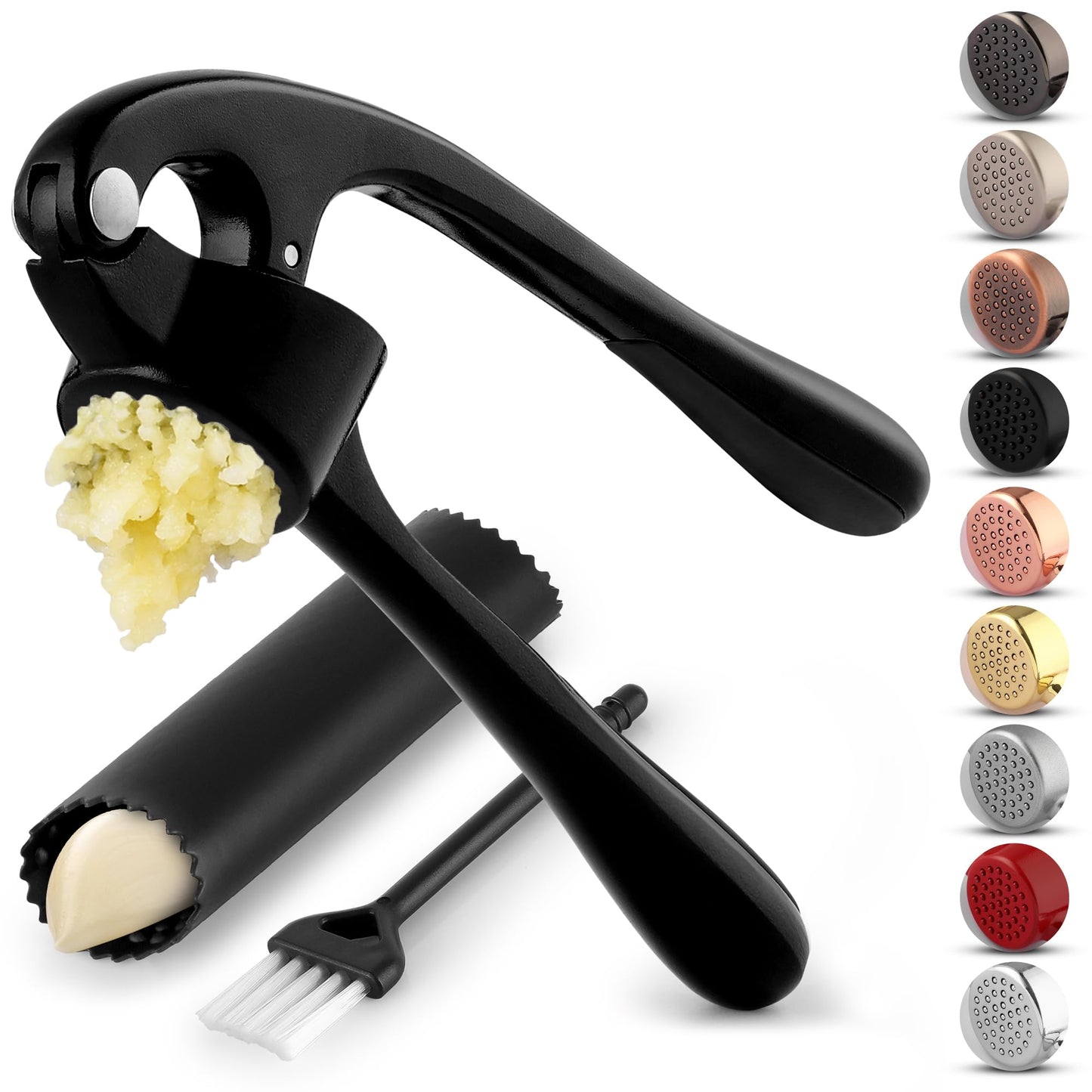 Zulay Kitchen Premium Garlic Press Set - Rust Proof & Dishwasher Safe Professional Garlic Mincer Tool - Easy-Squeeze, Easy-Clean with Soft, Ergonomic Handle - Silicone Garlic Peeler & Brush (Silver)