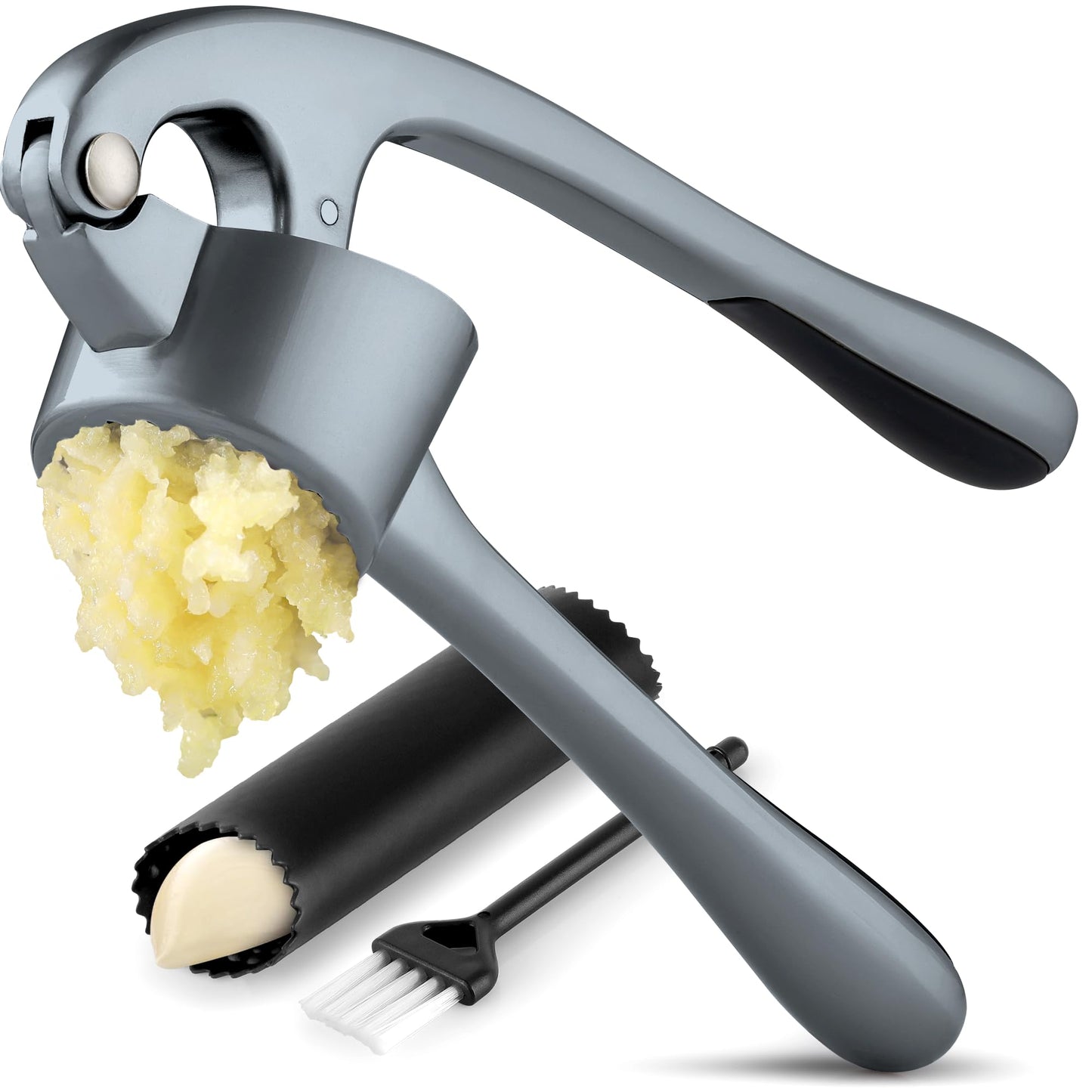 Zulay Kitchen Premium Garlic Press Set - Rust Proof & Dishwasher Safe Professional Garlic Mincer Tool - Easy-Squeeze, Easy-Clean with Soft, Ergonomic Handle - Silicone Garlic Peeler & Brush (Silver)