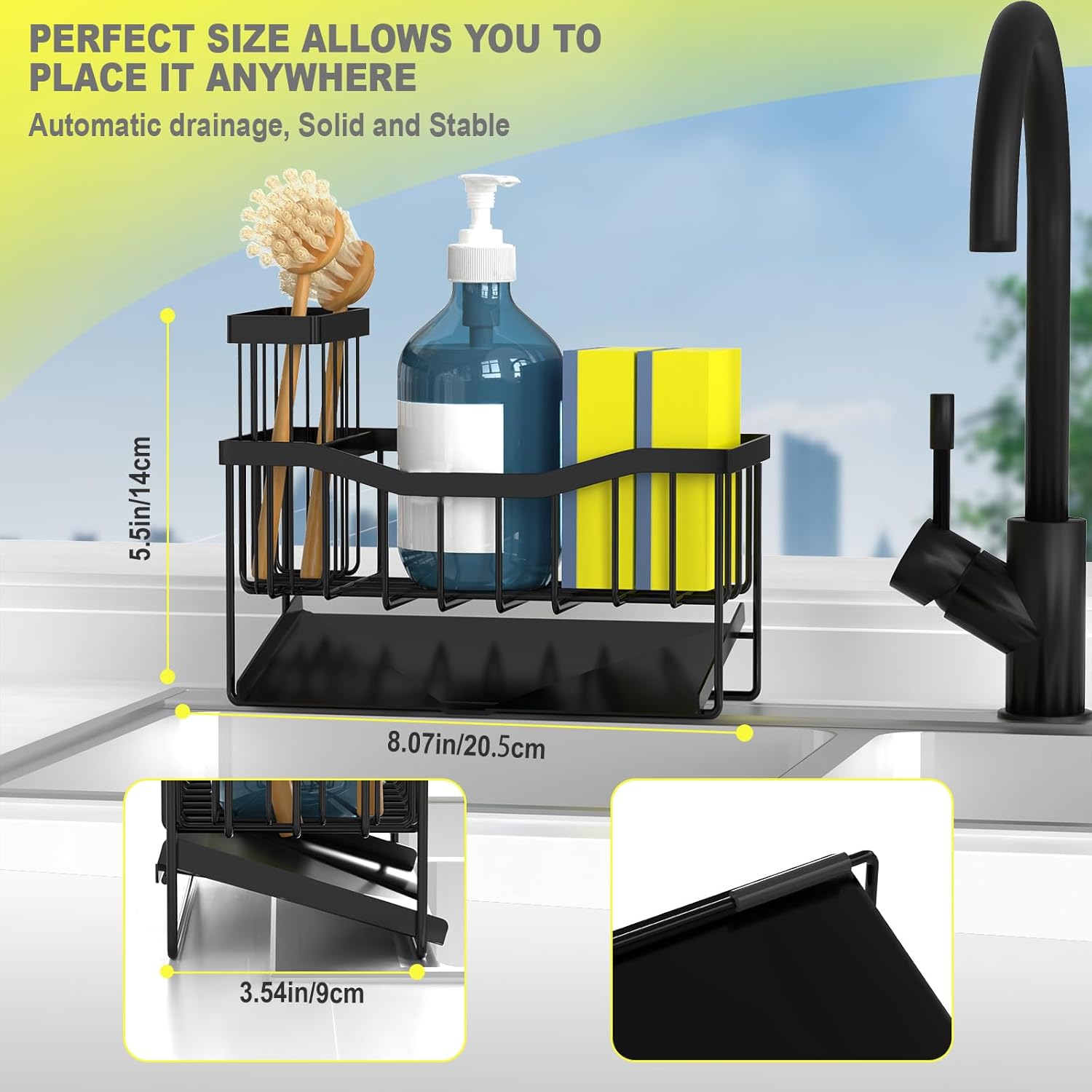 Maifan Sink Caddy Sponge Holder for Kitchen with Brush Holder and Stainless Steel Self Drain Tray, Rustproof Kitchen Sink Organizer for Sponge, Soap Dispenser Storage Accessories