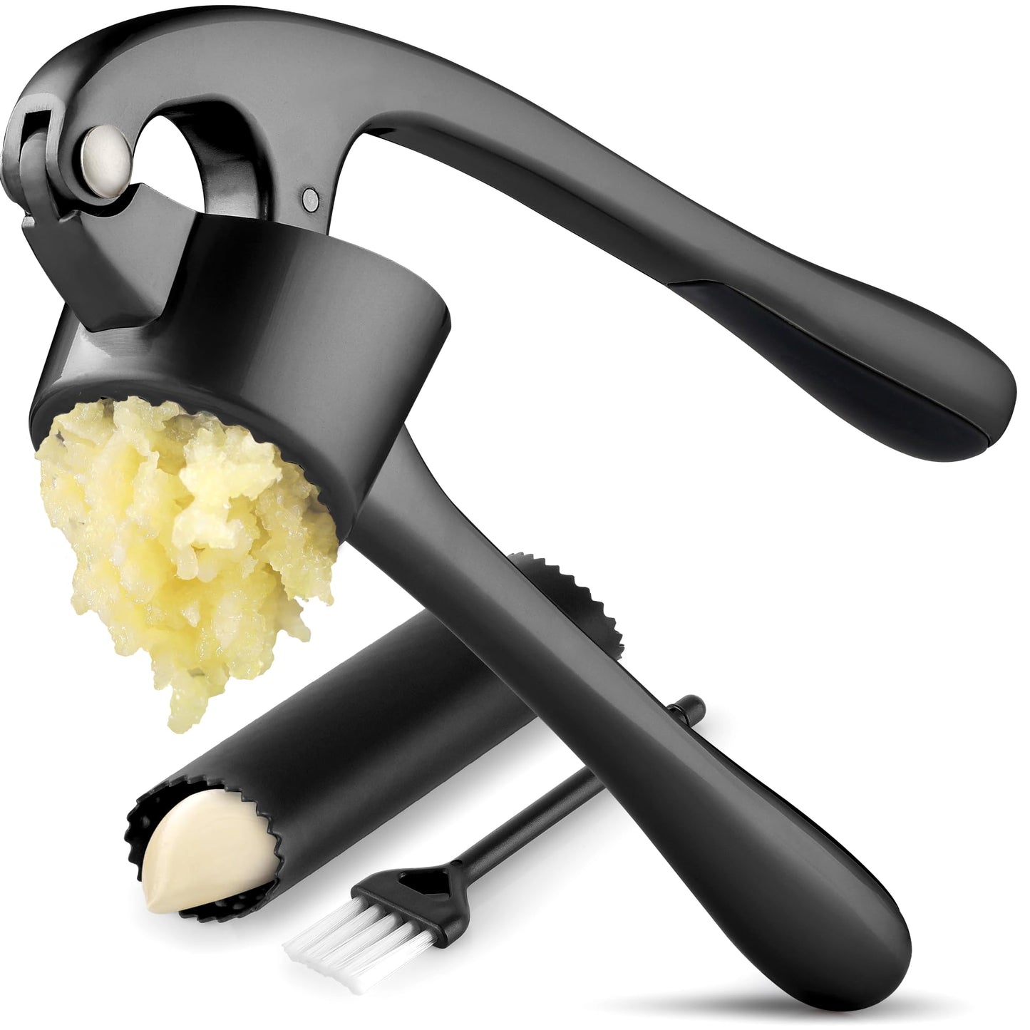 Zulay Kitchen Premium Garlic Press Set - Rust Proof & Dishwasher Safe Professional Garlic Mincer Tool - Easy-Squeeze, Easy-Clean with Soft, Ergonomic Handle - Silicone Garlic Peeler & Brush (Silver)