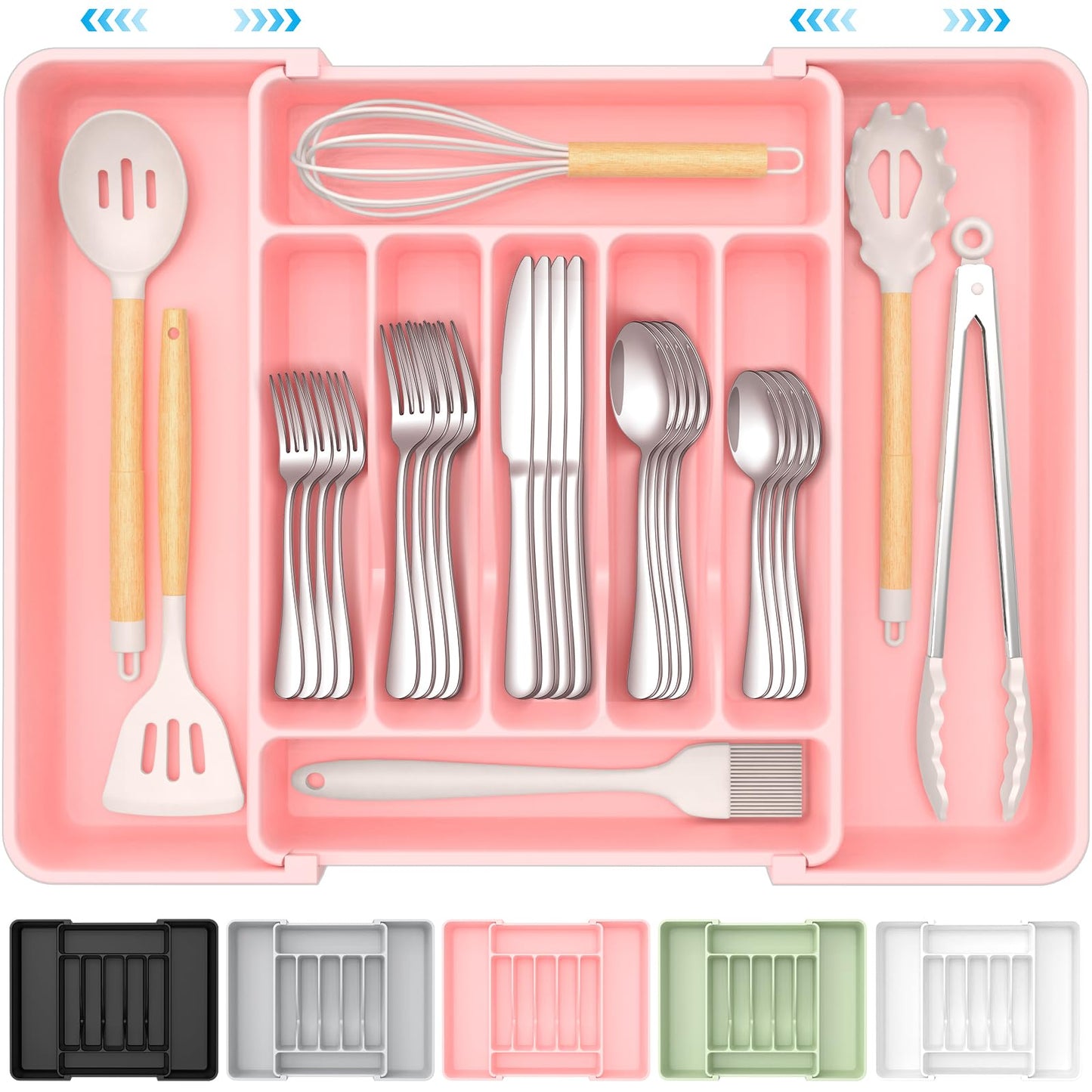 Extra Large Expandable Silverware Organizer, BPA-Free Food-Safe Cutlery Flatware Organizer, Kitchen Utensil Drawer Organizer, Adjustable Silverware Holder for Spoons Forks Knives, Black