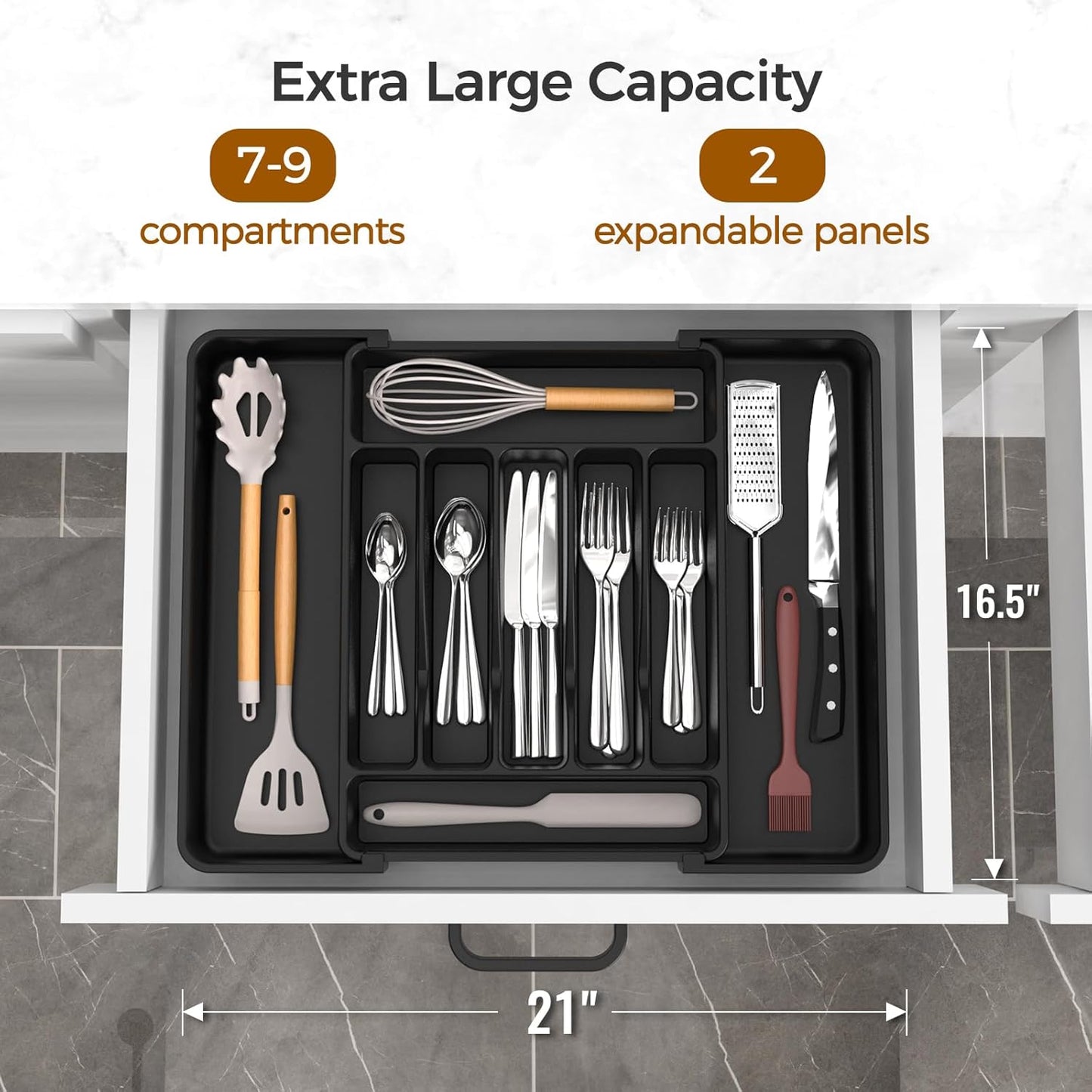 Extra Large Expandable Silverware Organizer, BPA-Free Food-Safe Cutlery Flatware Organizer, Kitchen Utensil Drawer Organizer, Adjustable Silverware Holder for Spoons Forks Knives, Black