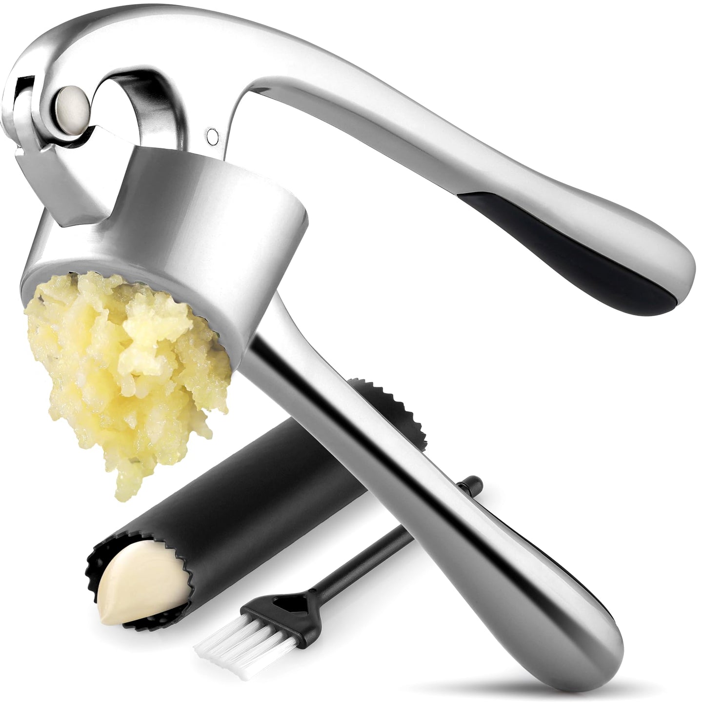 Zulay Kitchen Premium Garlic Press Set - Rust Proof & Dishwasher Safe Professional Garlic Mincer Tool - Easy-Squeeze, Easy-Clean with Soft, Ergonomic Handle - Silicone Garlic Peeler & Brush (Silver)