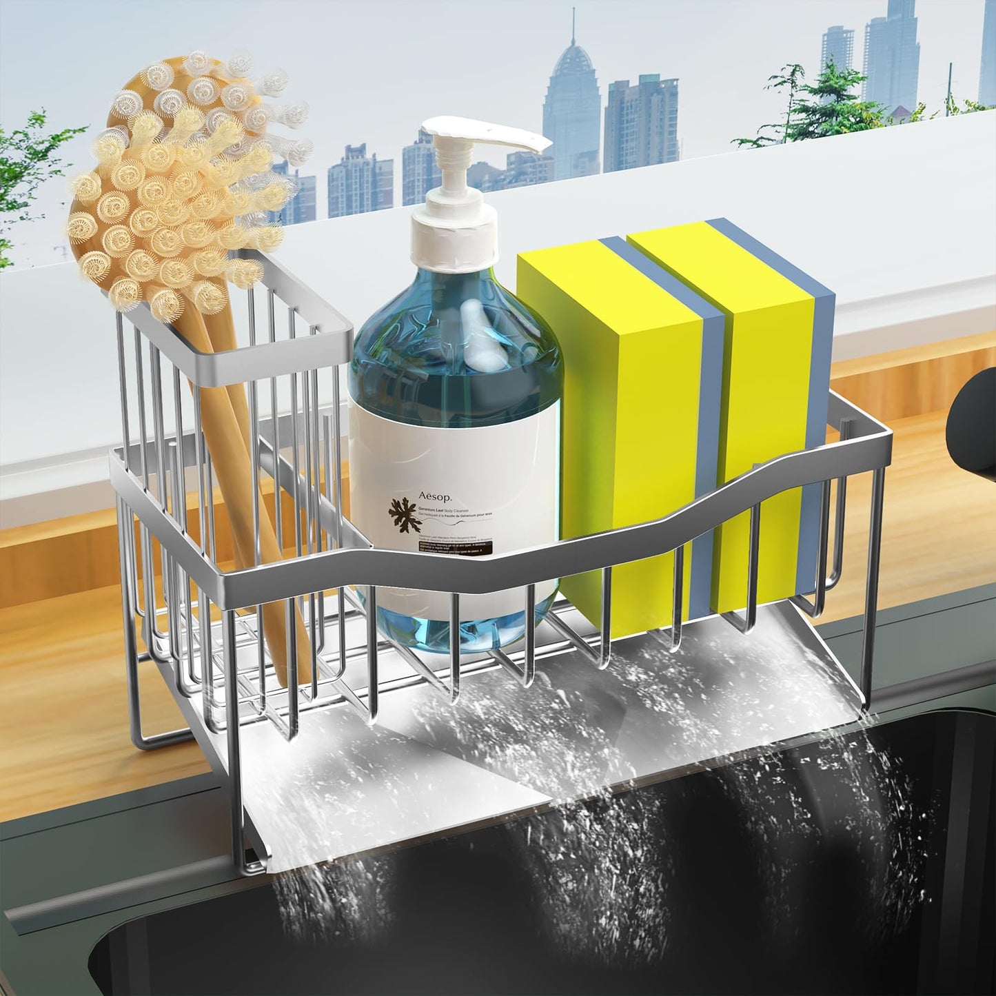 Maifan Sink Caddy Sponge Holder for Kitchen with Brush Holder and Stainless Steel Self Drain Tray, Rustproof Kitchen Sink Organizer for Sponge, Soap Dispenser Storage Accessories