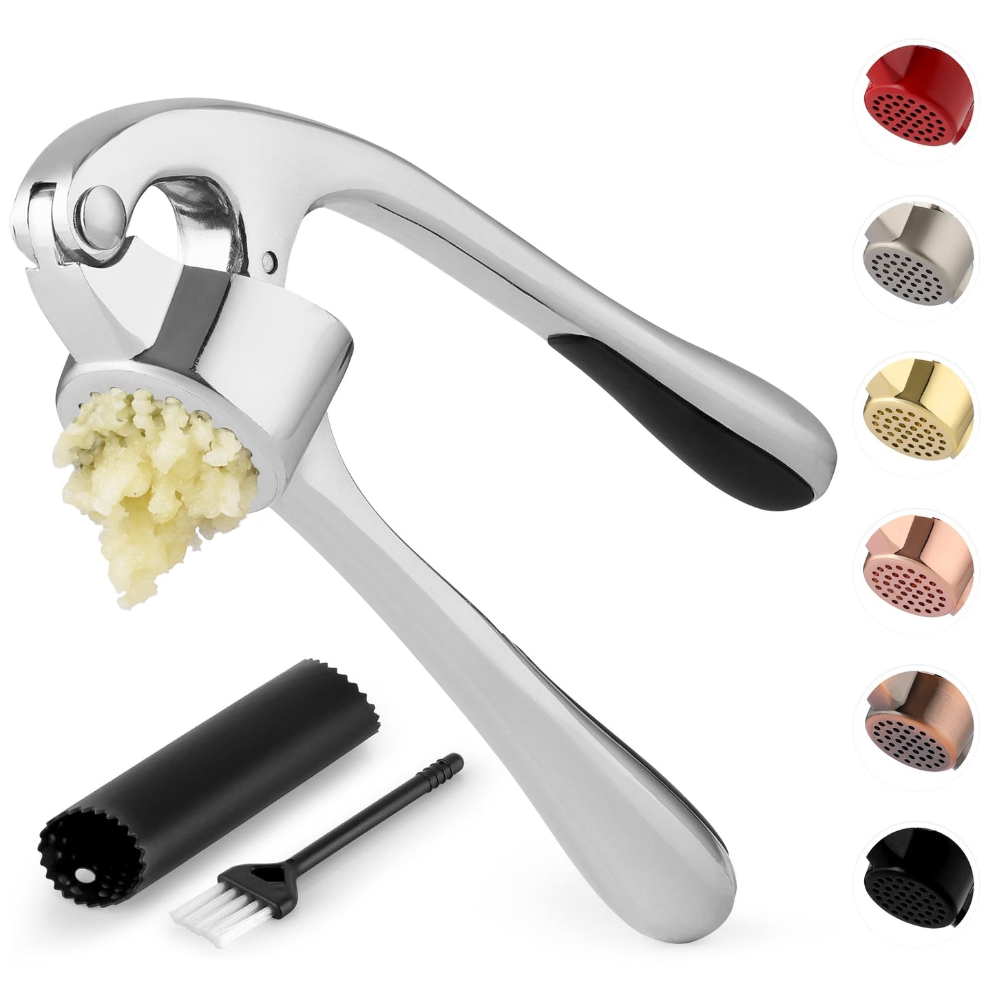 Zulay Kitchen Premium Garlic Press Set - Rust Proof & Dishwasher Safe Professional Garlic Mincer Tool - Easy-Squeeze, Easy-Clean with Soft, Ergonomic Handle - Silicone Garlic Peeler & Brush (Silver)