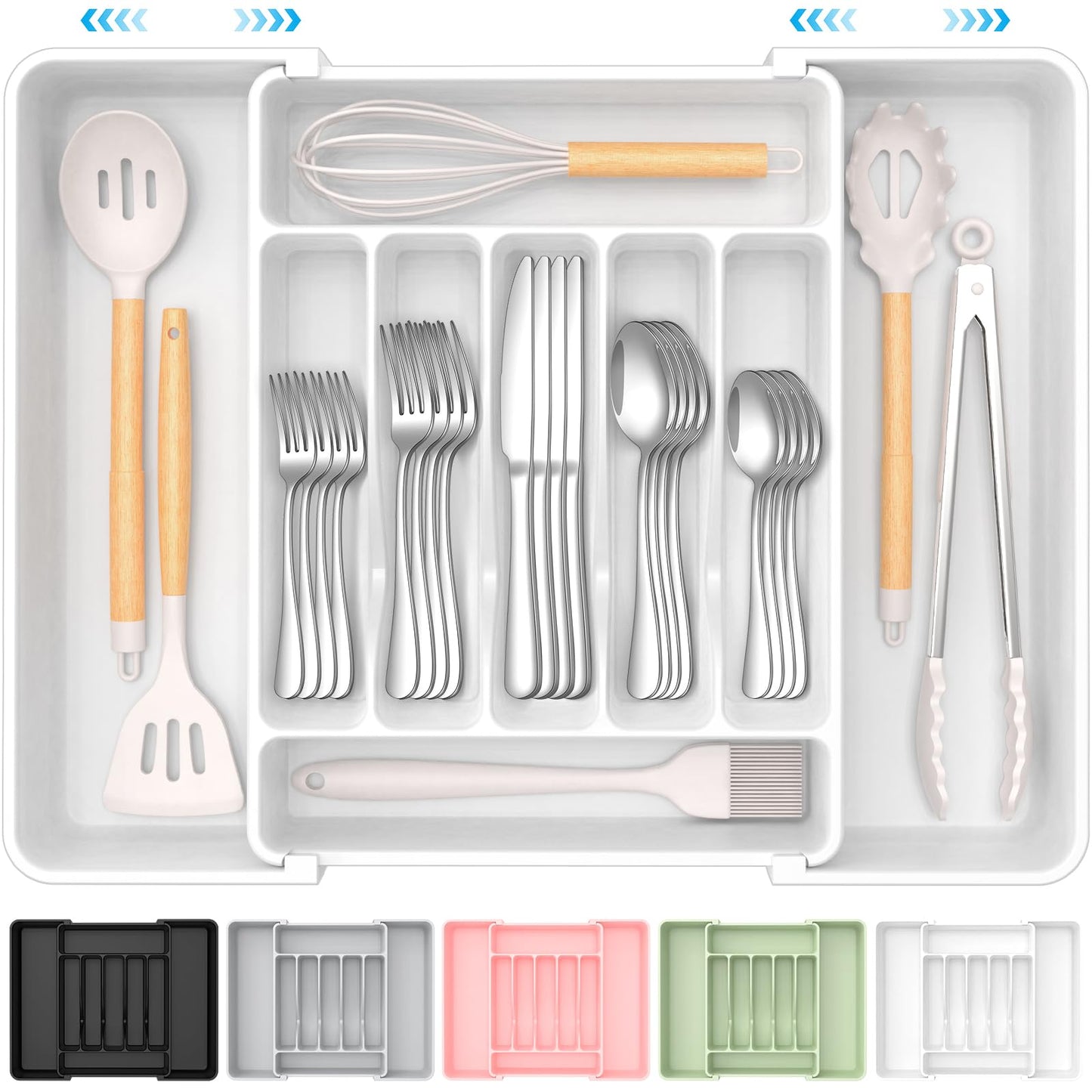 Extra Large Expandable Silverware Organizer, BPA-Free Food-Safe Cutlery Flatware Organizer, Kitchen Utensil Drawer Organizer, Adjustable Silverware Holder for Spoons Forks Knives, Black