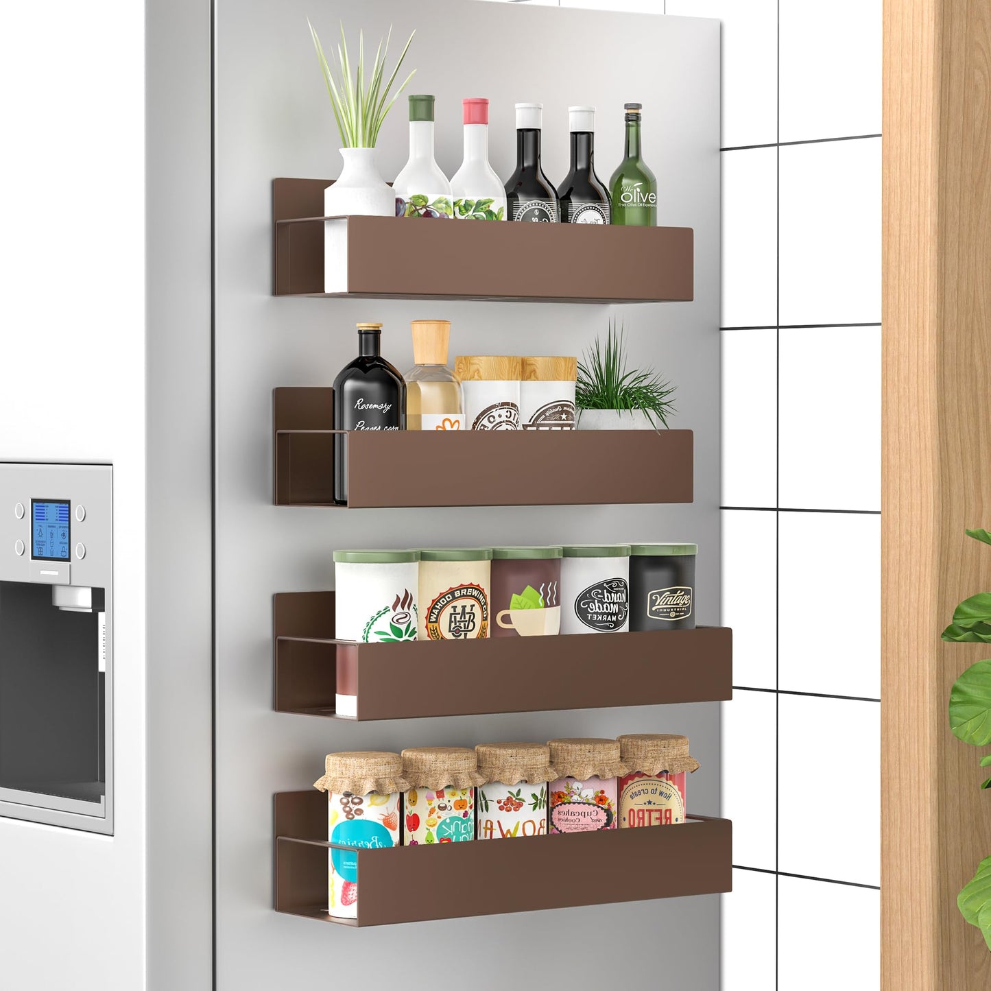 Metal 4 Pack Magnetic Spice Storage Rack Organizer for Refrigerator and Oven, Black Fridge Organizers and Storage