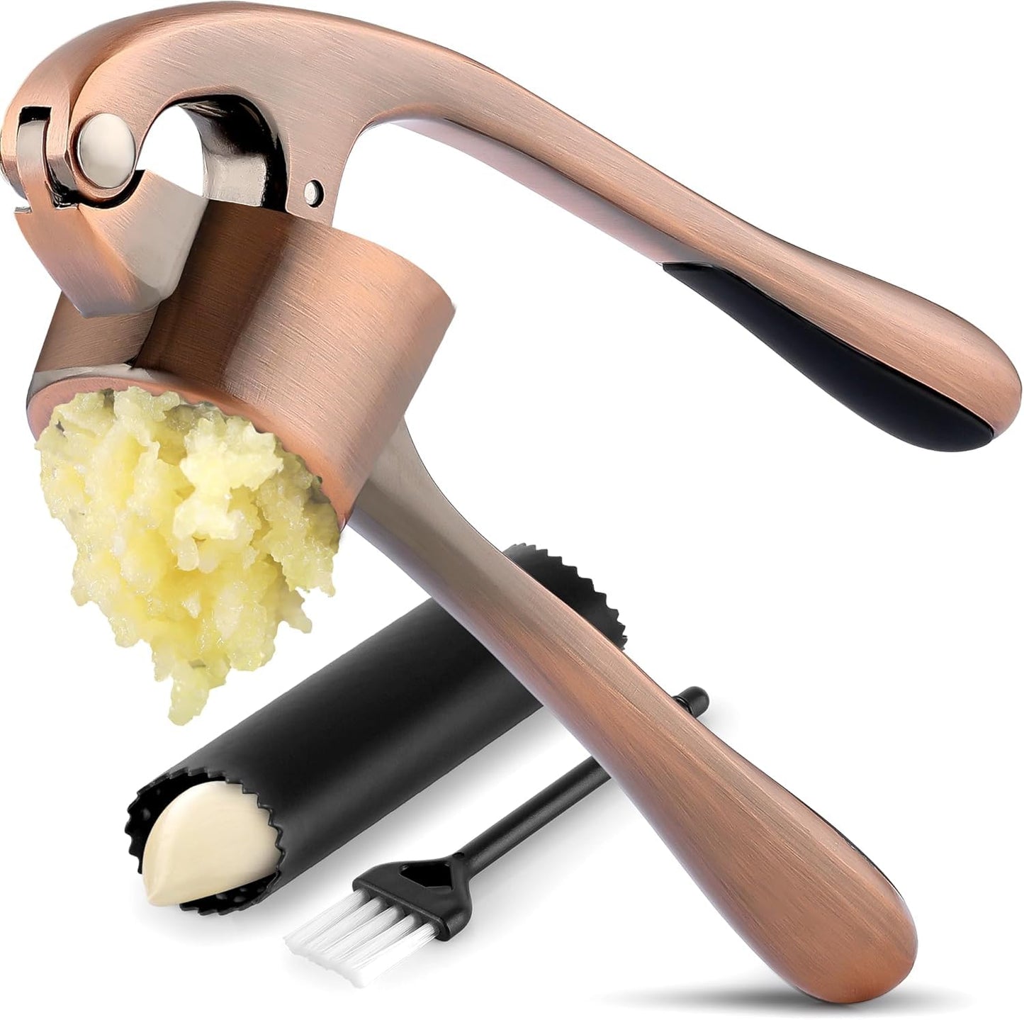 Zulay Kitchen Premium Garlic Press Set - Rust Proof & Dishwasher Safe Professional Garlic Mincer Tool - Easy-Squeeze, Easy-Clean with Soft, Ergonomic Handle - Silicone Garlic Peeler & Brush (Silver)