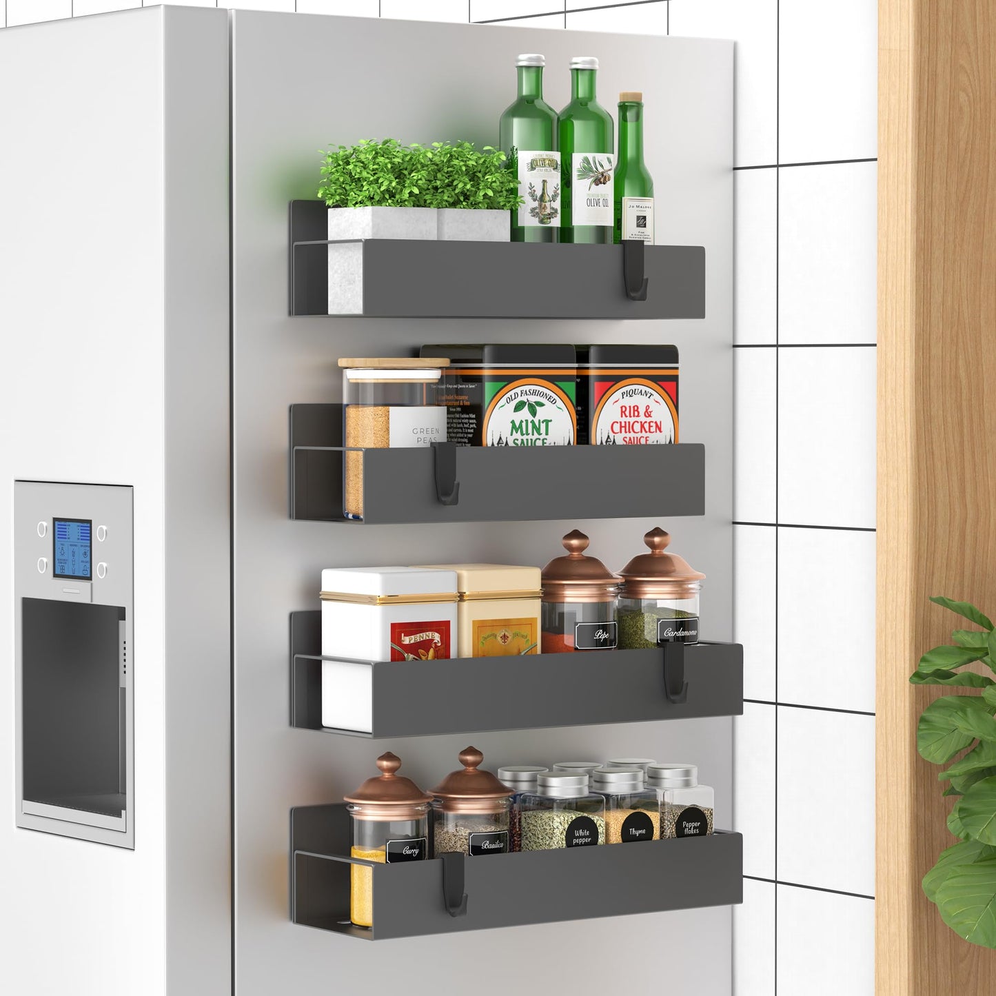Metal 4 Pack Magnetic Spice Storage Rack Organizer for Refrigerator and Oven, Black Fridge Organizers and Storage