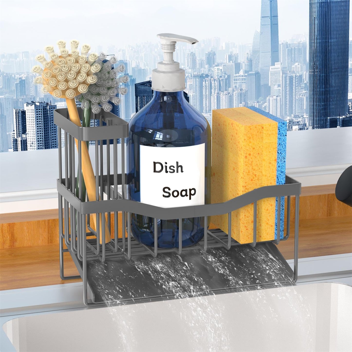 Maifan Sink Caddy Sponge Holder for Kitchen with Brush Holder and Stainless Steel Self Drain Tray, Rustproof Kitchen Sink Organizer for Sponge, Soap Dispenser Storage Accessories