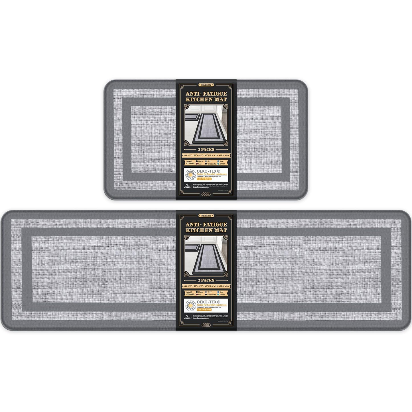 Mattitude Kitchen Mats Set of 2，Cushioned Anti-Fatigue Non-Skid Rug Sets Ergonomic Comfort Standing Mat for Kitchen, Floor, Office, Sink, Laundry, Black and Gray