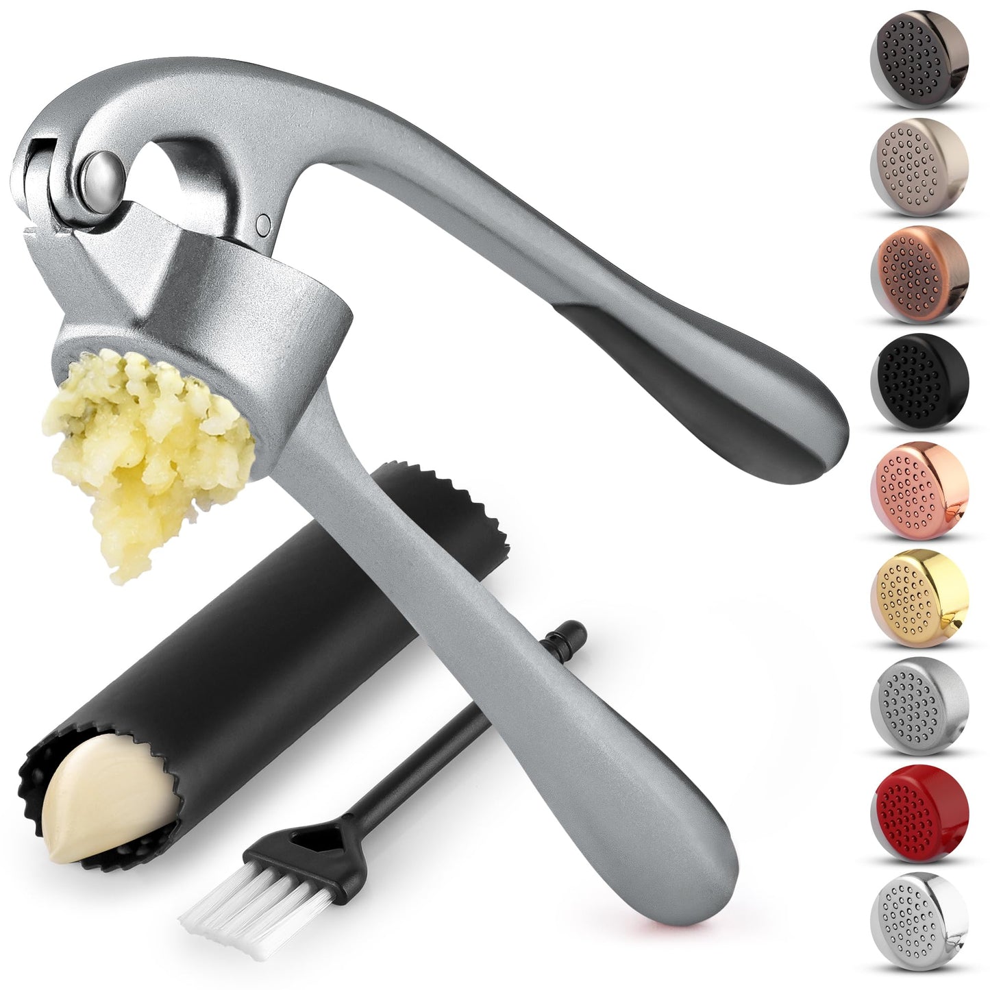 Zulay Kitchen Premium Garlic Press Set - Rust Proof & Dishwasher Safe Professional Garlic Mincer Tool - Easy-Squeeze, Easy-Clean with Soft, Ergonomic Handle - Silicone Garlic Peeler & Brush (Silver)