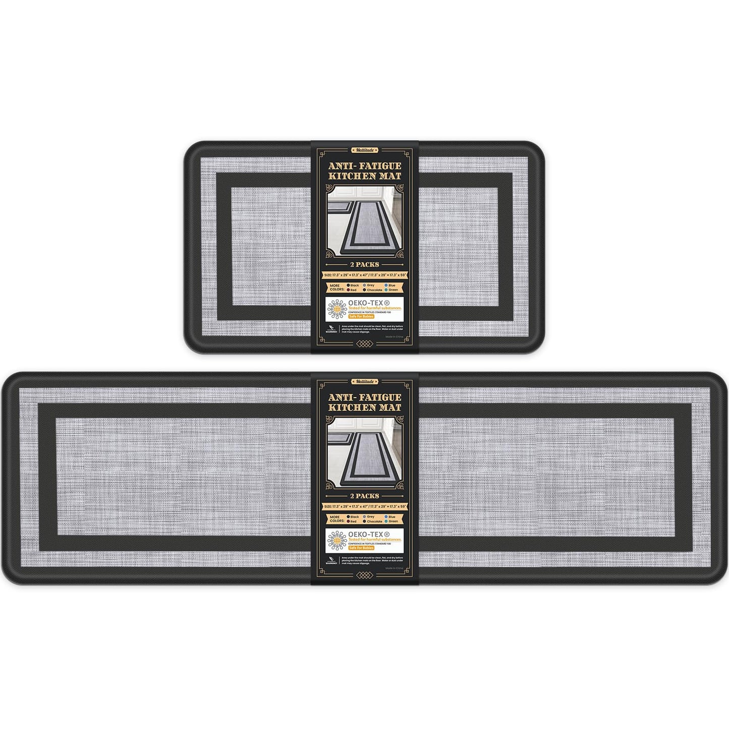 Mattitude Kitchen Mats Set of 2，Cushioned Anti-Fatigue Non-Skid Rug Sets Ergonomic Comfort Standing Mat for Kitchen, Floor, Office, Sink, Laundry, Black and Gray