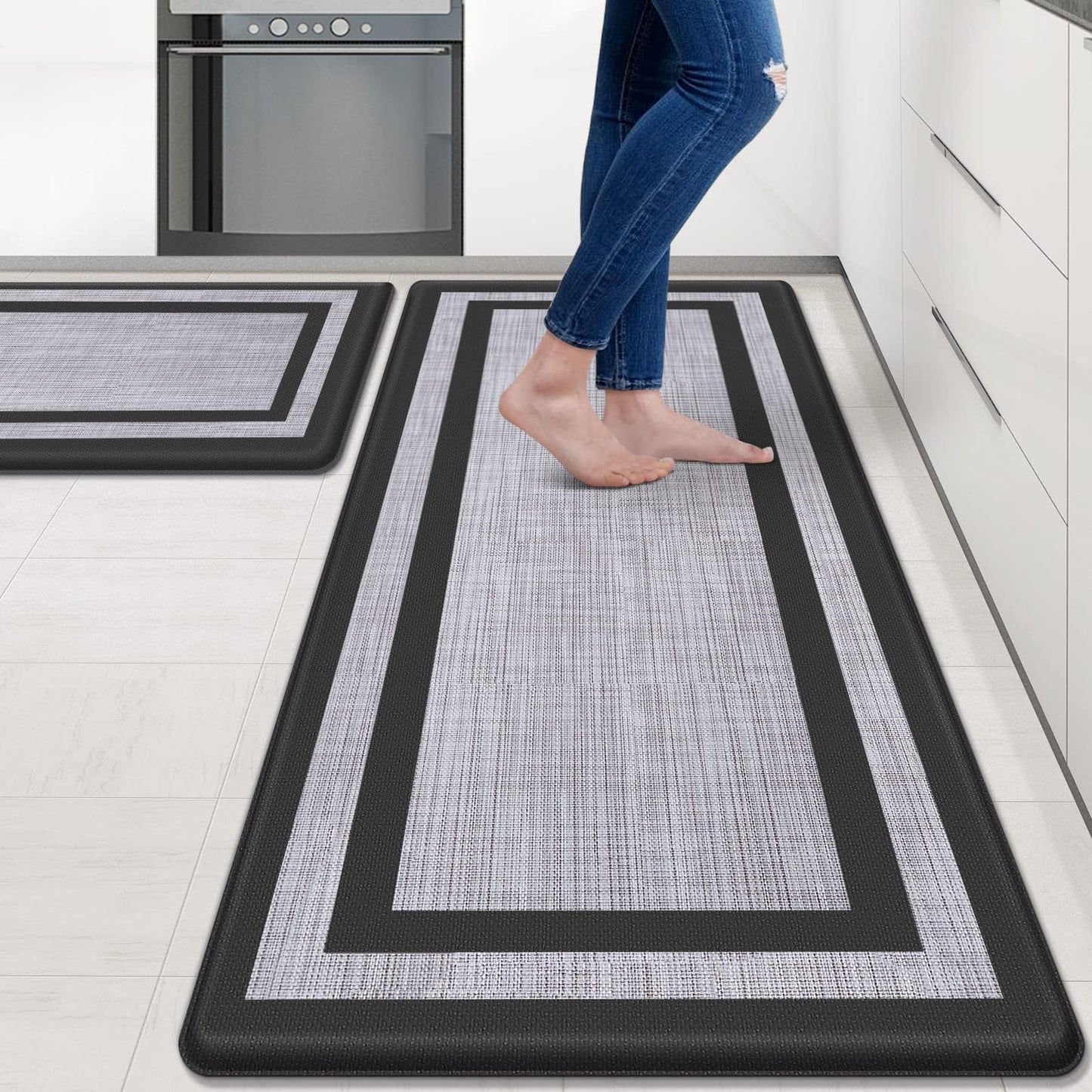 Mattitude Kitchen Mats Set of 2，Cushioned Anti-Fatigue Non-Skid Rug Sets Ergonomic Comfort Standing Mat for Kitchen, Floor, Office, Sink, Laundry, Black and Gray