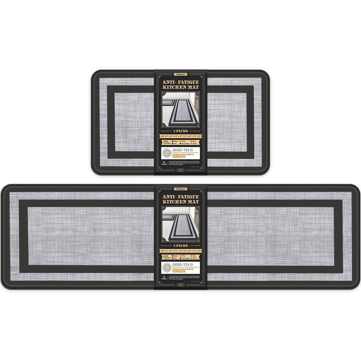 Mattitude Kitchen Mats Set of 2，Cushioned Anti-Fatigue Non-Skid Rug Sets Ergonomic Comfort Standing Mat for Kitchen, Floor, Office, Sink, Laundry, Black and Gray