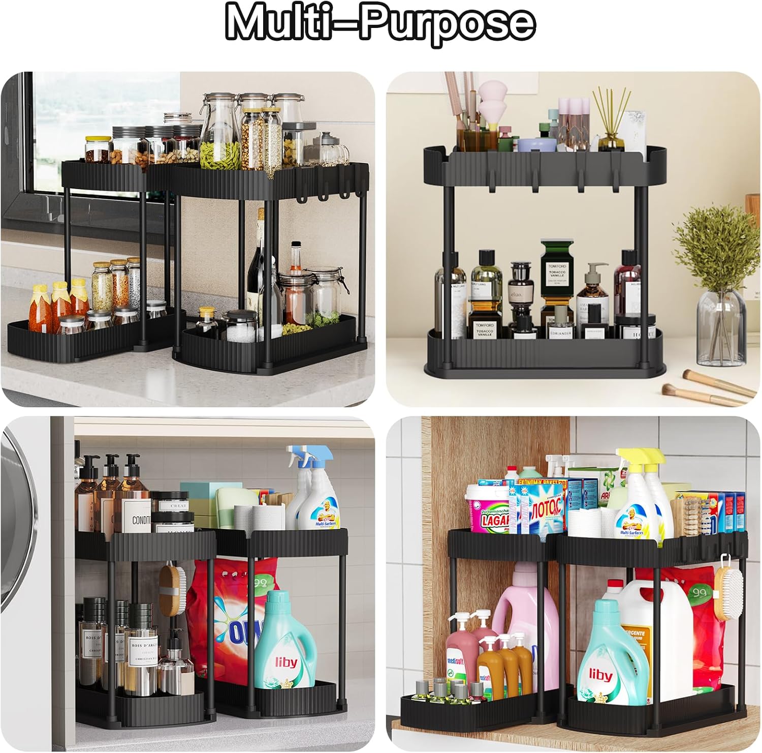Multi-Purpose Pull-Out Storage Organizers, Under Sink/Cabinet Organizers and Storage for Bathroom & Kitchen, Black, 12.8 Inches, 2 Packs