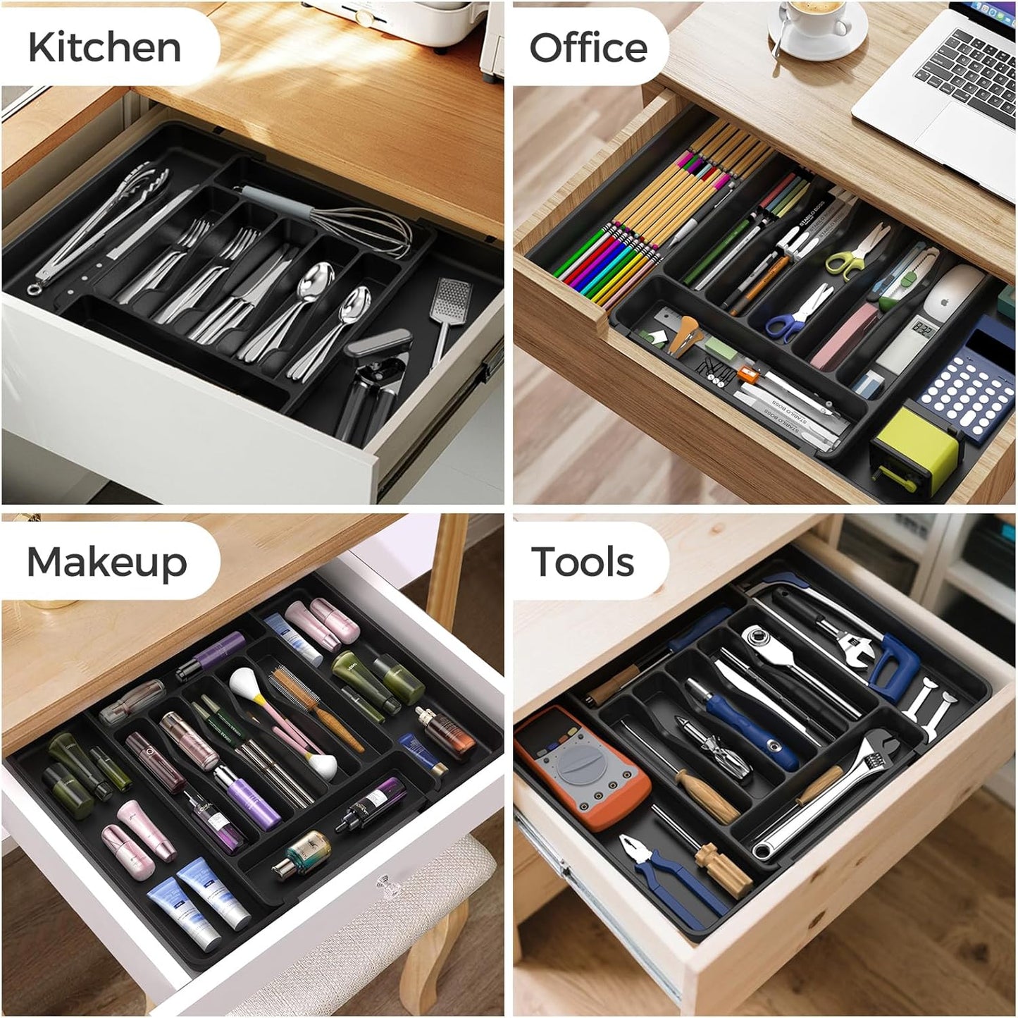 Extra Large Expandable Silverware Organizer, BPA-Free Food-Safe Cutlery Flatware Organizer, Kitchen Utensil Drawer Organizer, Adjustable Silverware Holder for Spoons Forks Knives, Black