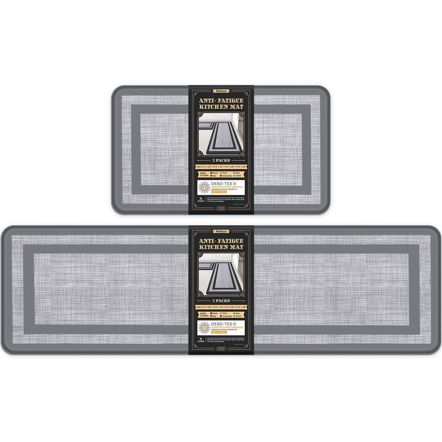 Mattitude Kitchen Mats Set of 2，Cushioned Anti-Fatigue Non-Skid Rug Sets Ergonomic Comfort Standing Mat for Kitchen, Floor, Office, Sink, Laundry, Black and Gray