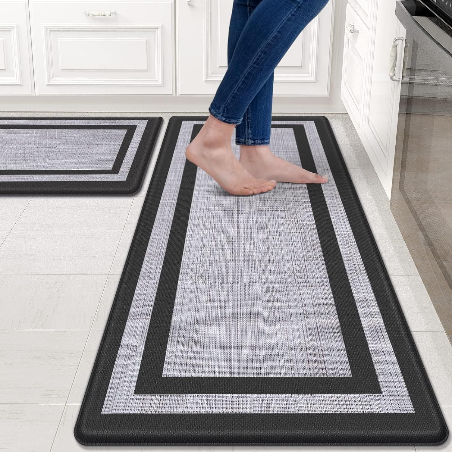 Mattitude Kitchen Mats Set of 2，Cushioned Anti-Fatigue Non-Skid Rug Sets Ergonomic Comfort Standing Mat for Kitchen, Floor, Office, Sink, Laundry, Black and Gray