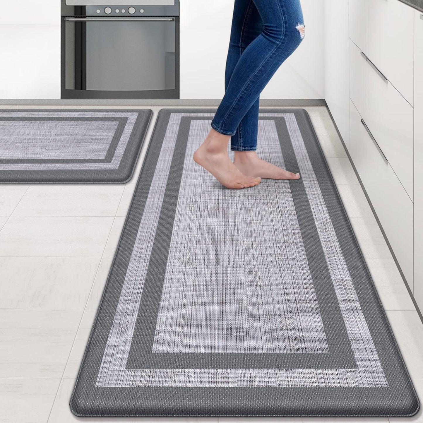 Mattitude Kitchen Mats Set of 2，Cushioned Anti-Fatigue Non-Skid Rug Sets Ergonomic Comfort Standing Mat for Kitchen, Floor, Office, Sink, Laundry, Black and Gray